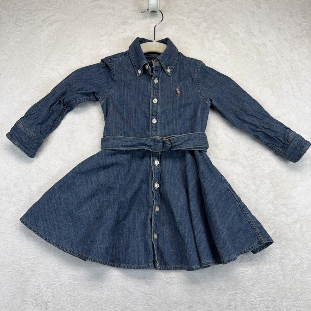 Ralph Lauren Girls Denim Shirt Dress 2T Belted Fit & Flare Long Sleeve